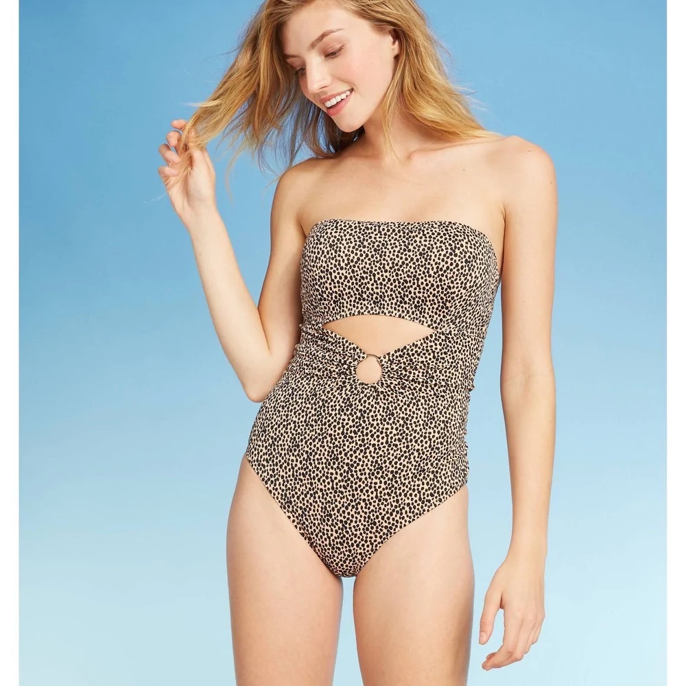 NWT Shade & Shore 36DD leopard animal print swimsuit underwire with cut out